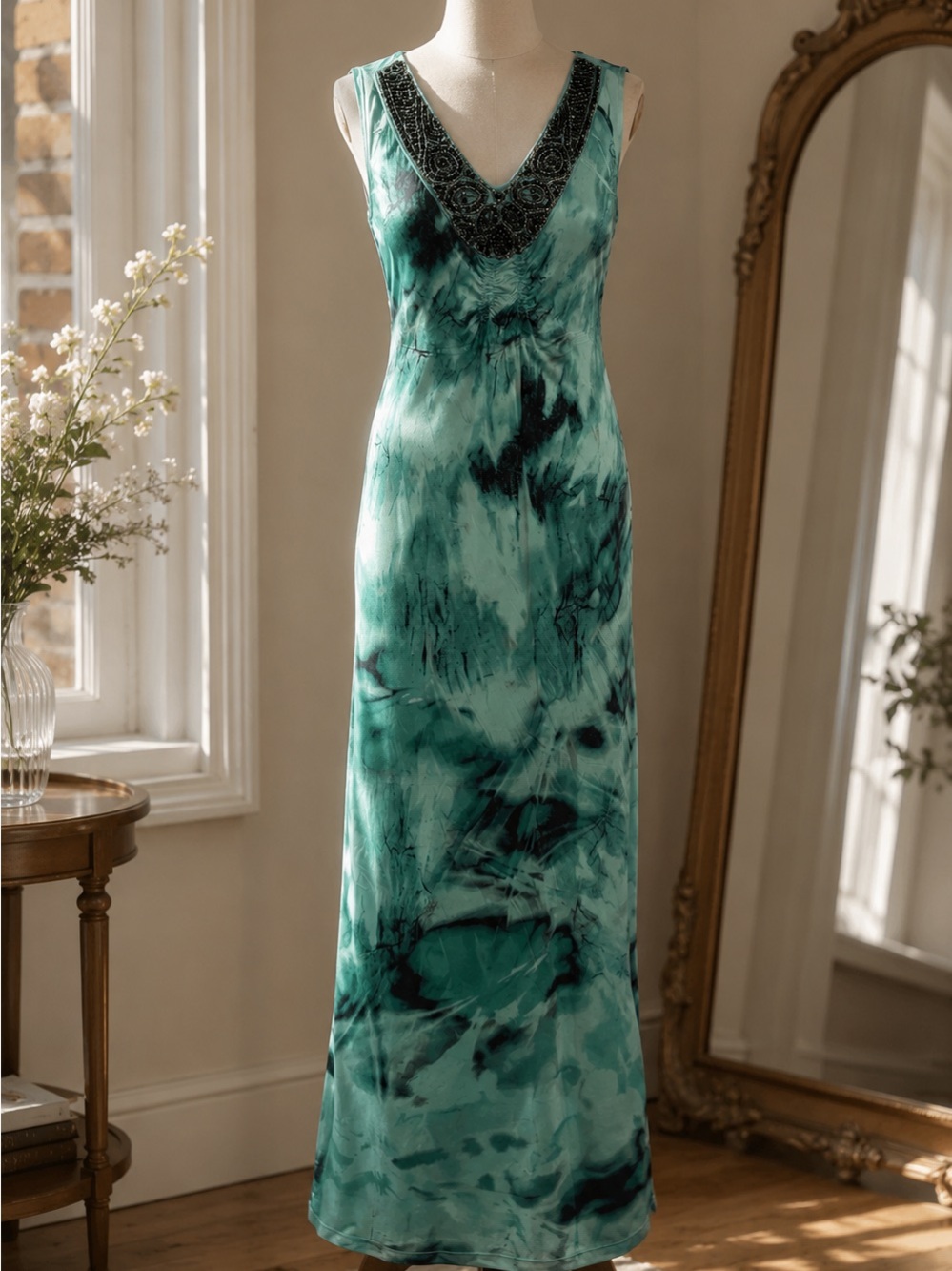 Teal Beaded V-Neck Maxi Dress